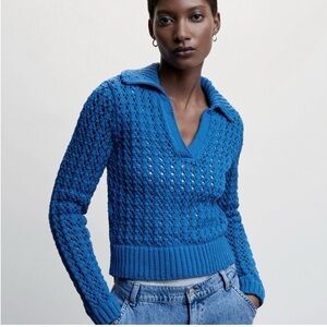 NWT Mango Open Knit Blue Polo Sweater  SIZE SMALL